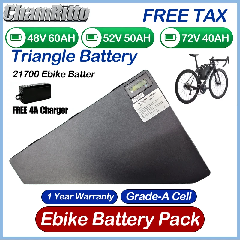 

36v 48v 52v 60v 72v High Capacity Electric Bicycle cham-rider Triangle battery 30 40 60ah ebike 50Ah 3000w 21700 lithium battery