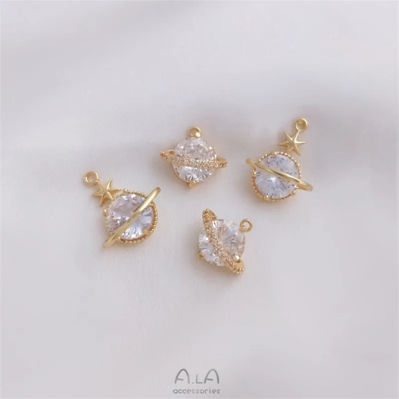 14K Gold-wrapped Zircon Planet Pendant, Handmade Jewelry Pendant, DIY Bracelet, Earrings, Necklace, Collarbone Chain Pendant