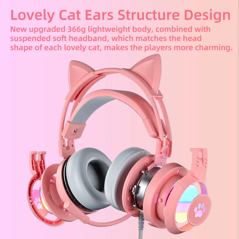 Cat Ear Gaming Headset Pink Cute for Girls Kids - Light up Noise Cancelling Mic Surround Sound 3.5mm Jack for PS4 PS5 PC Switch