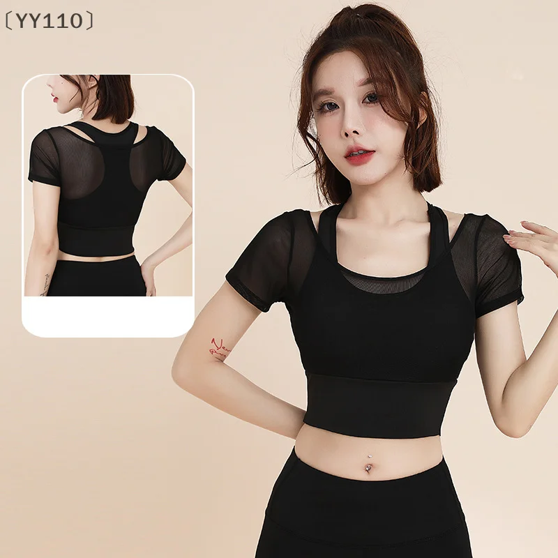 

〔YY110〕Mesh Quick-drying Yoga Clothes Women Short Sleeves With Chest Pads Comfortable Breathable Sports Running Fitness Clothes