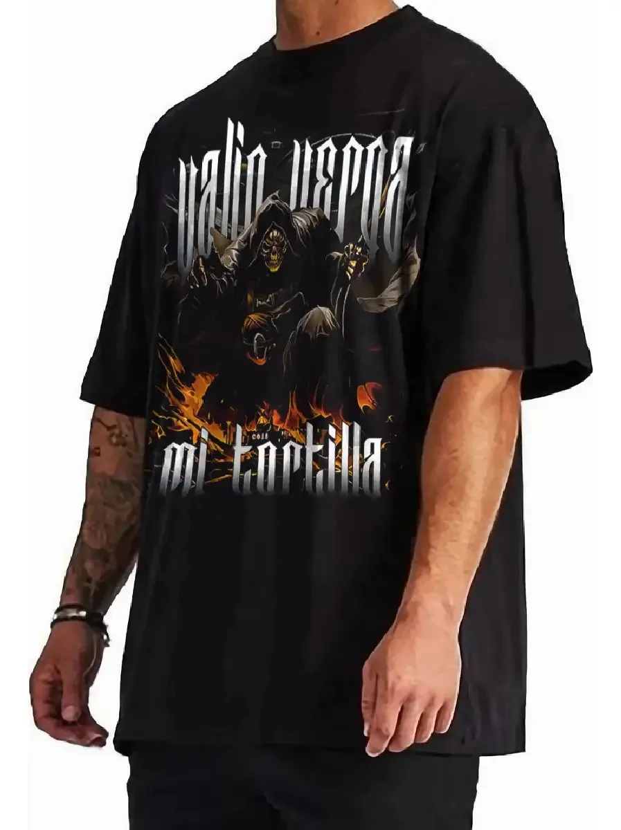 Men's Gothic Reaper with Fire Graphic Vintage Washed T-Shirt, Oversized Cotton Streetwear Tee