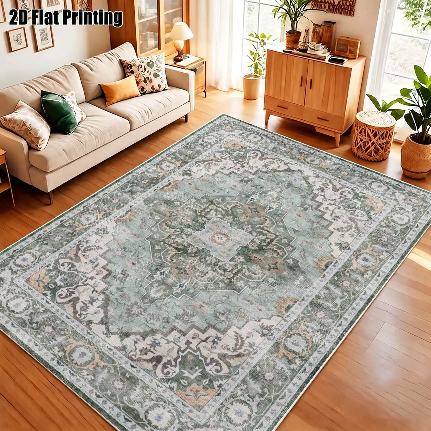 1Pc 2D Printed Velvet Blue-Grey Retro Floral Carpet, European/Modern Minimalist/Instagram Style, Machine Washable, Multi-Size, for Entrance/Dining/Bedroom/Living Room
