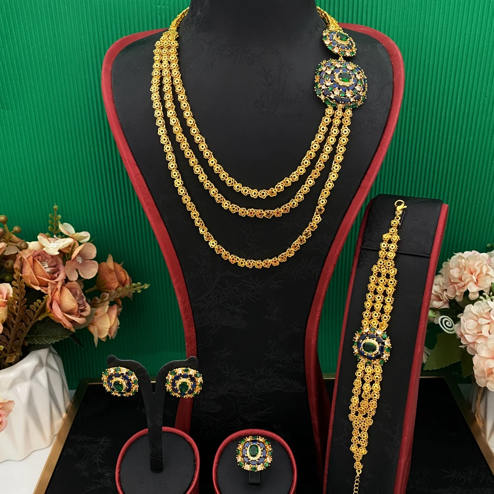 JRH Middle East Festival Women's Gold Plated Copper Jewelry Set with Zircon Multi-Layer Design Bracelet Ring Necklace Earrings