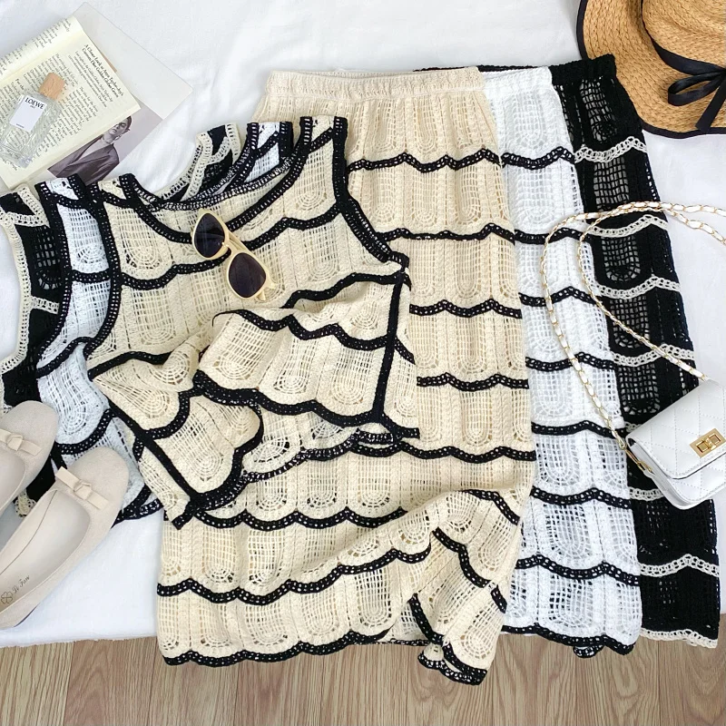 

Women Round Neck Top Elastic Waist A-line Skirts Summer Sleeveless Stripe Crochet Hollow Out Casual Two pieces Set