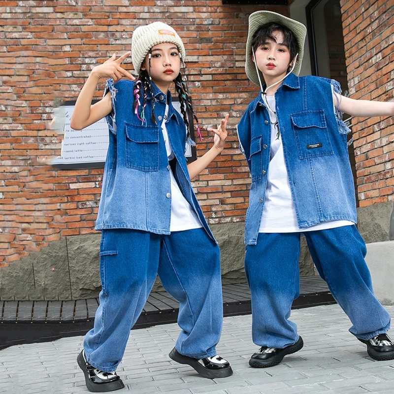 

2024 Jazz Dance Performance Stage Costumes For Kids Gradient Denim Hiphop Suit Girls Boys Hip Hop Dance Rave Clothes DQS15327