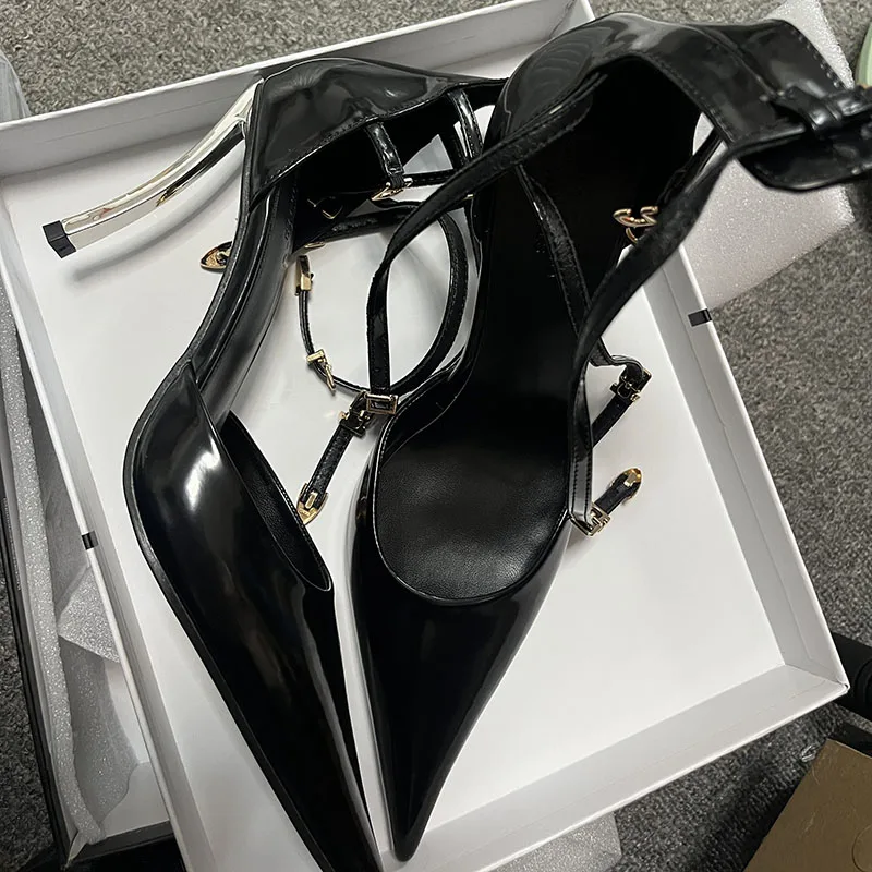 2024 Pin-Point Pumps Glossy Leather Summer Woman Black Buckle High Heels Sexy Luxury brand Women Ankle Strap Elegant Shoes 9CM