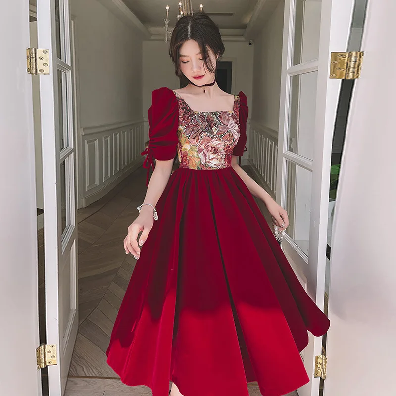 

Fashion Burgundy Square Collar Puff Sleeve Back Bandage A-Line Evening Dress Women Formal Gowns Robe De Soiree Cheongsam