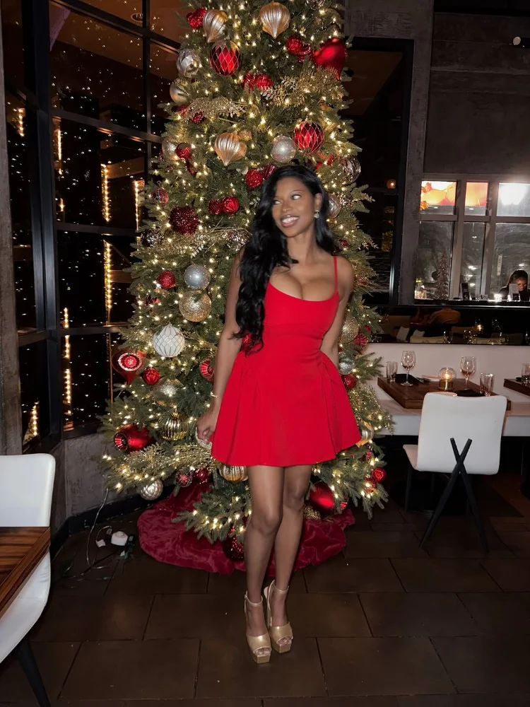 

Red Pleated Sling Mini Dress Women Sexy Sleeveless Backless Cinched-waist Short A-line Dresses 2026 Lady Evening Christmas Robe