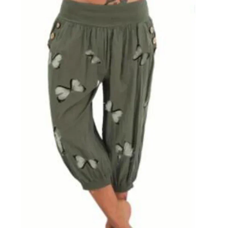 Damskie spodnie Capri w rozmiarze Plus Size 1XL-8XL Butterfly Comfy Stretch Waistband Oddychająca koszulka z krótkim rękawem w letnim stylu