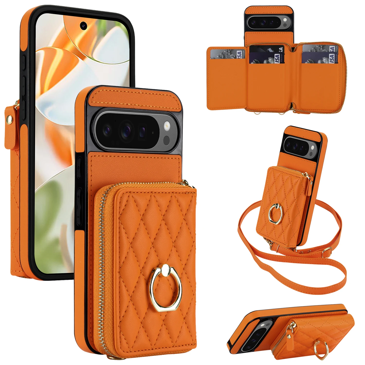 Porte-cartes à fermeture éclair en cuir avec long cordon bandoulière pour Google Pixel 10 Pro XL 9a, antichoc, support intégré, prise en main confortable, protection RFID
