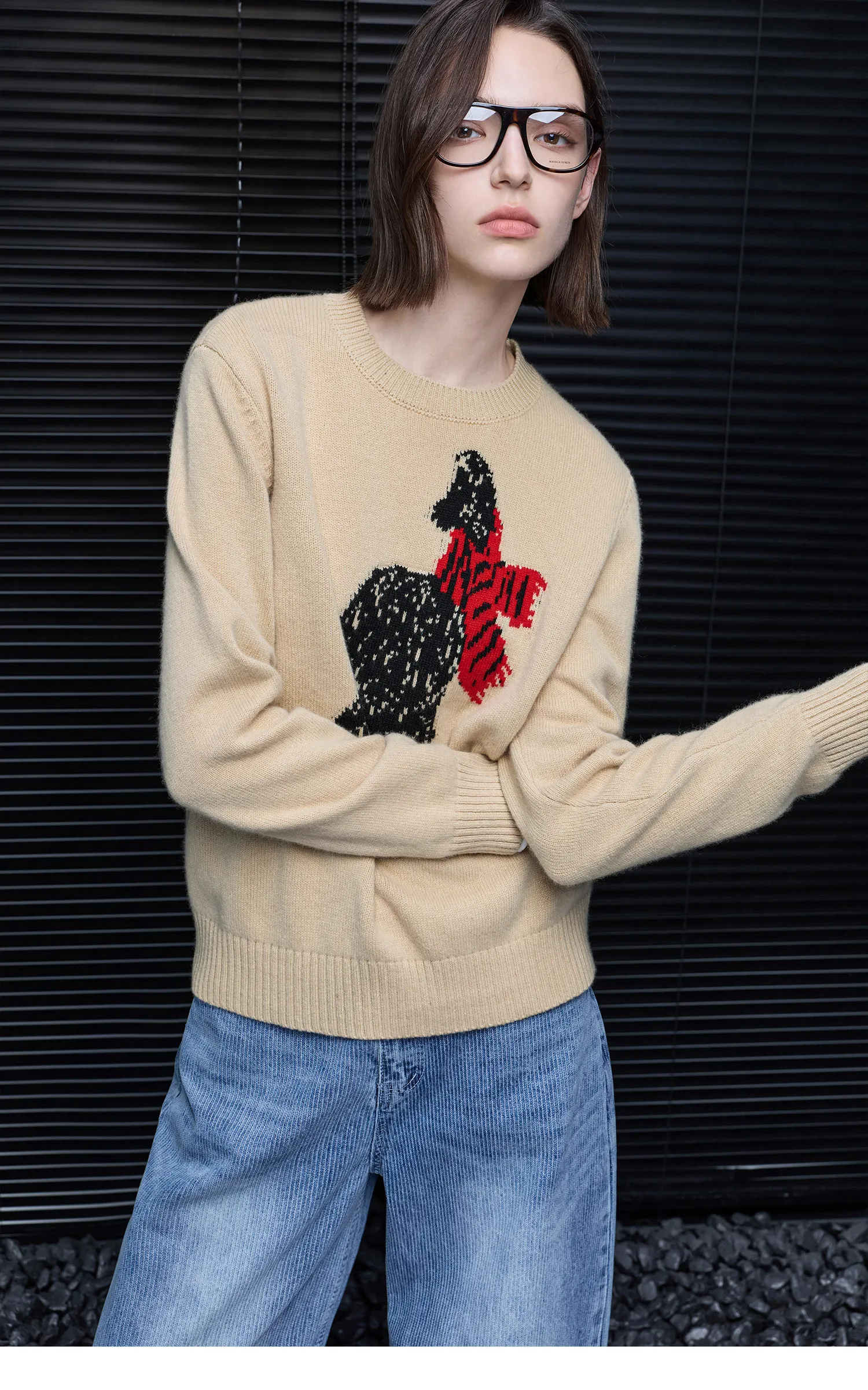 Beige Jacquard Cashmere Sweater Knitwear Women's Early Autumn New Loose Shoulder Long Sleeve