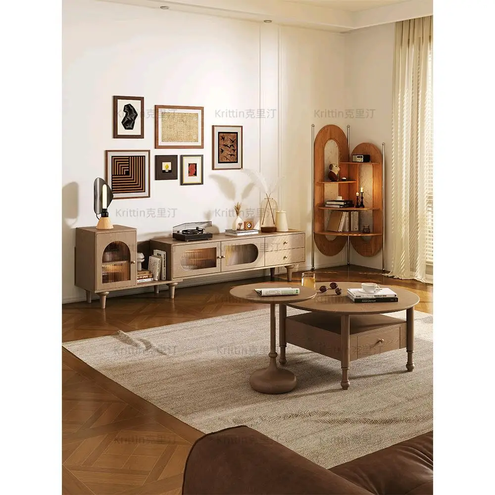 Q Medieval living room home retro solid wood storage TV cabinet coffee table combination