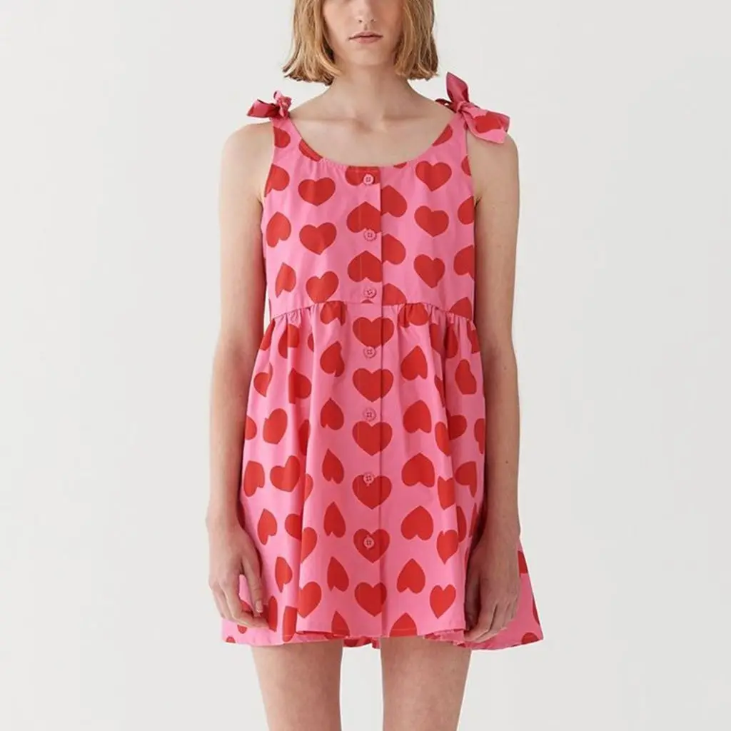 Valentine's Day Women Summer Heart All-over Print Bow Knot Tied Shoulder Straps Button-down Round Neck Babydoll Short Tank Dress