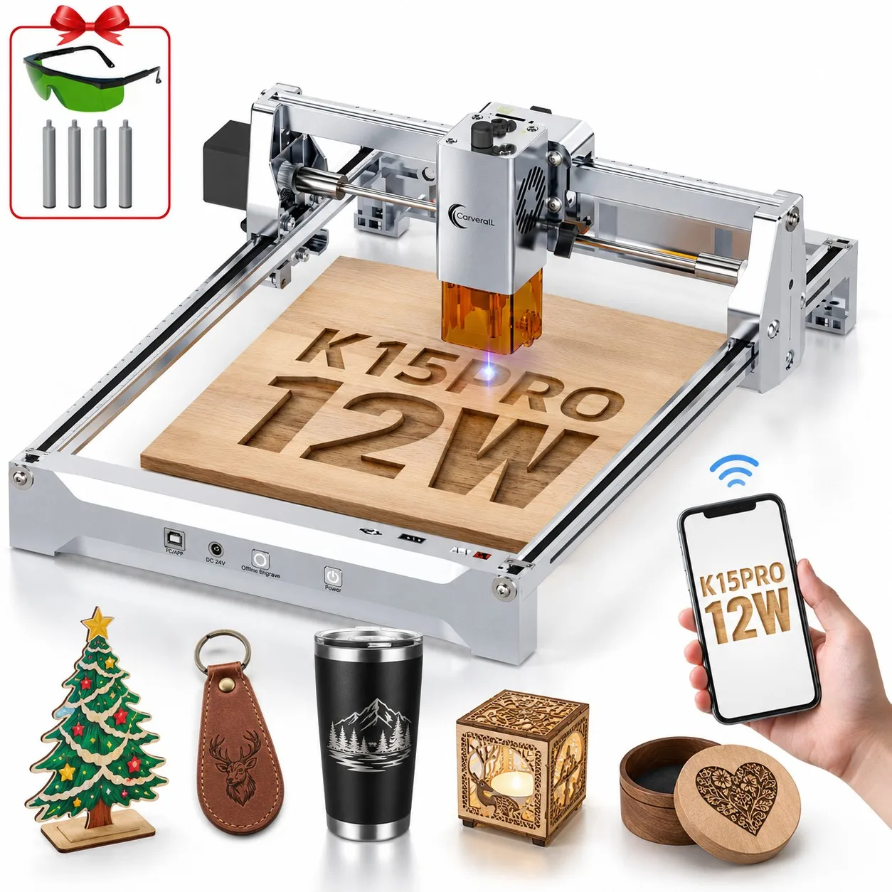 Graveur et découpeur laser IR Carverall K15PRO 7W 12W 1W, machine de gravure à diode et infrarouge, A4 297x210mm, 15000mm/min, précision de 0,01mm, logiciel gratuit, cadeaux DIY, petite entreprise, artisanat en bois, acrylique, cuir, métal, atelier de créateurs