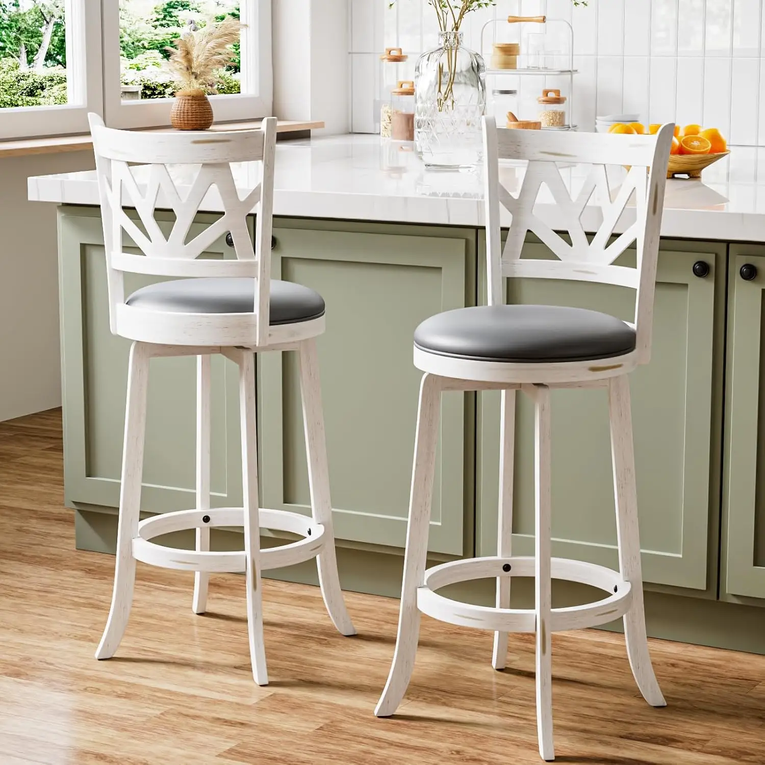 

30in Swivel Bar Stools 2pc Farmhouse Backs Carved Wood Legs Footrest Kitchen Pub White Customized