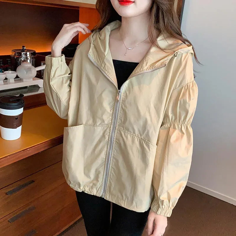 Lässige dünne Kapuzenjacke für Damen, locker, 2025, Herbst, neuer koreanischer Stil, Retro-Sonnenschutzkleidung, Langarm-Top