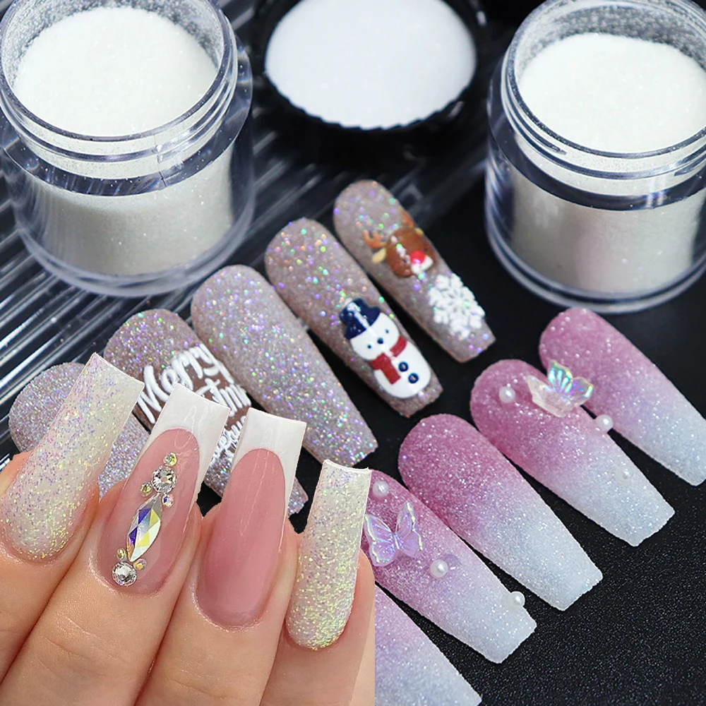 10g/Jar Black White Christmas Nail Shimmer Snow Powder Shiny Ultra-fine Sugar Powder Sparkle Fairy Sugar Glitter for French Nail