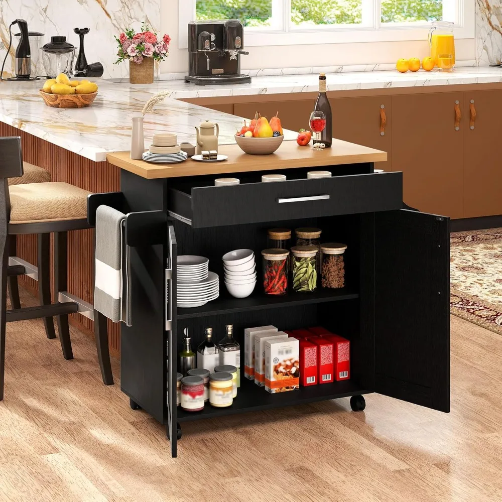 

Kitchen Island, Rolling Kitchen Cart with Spice and Towel Rack, Large Drawer & 2-Door Storage Cabinet, Customized