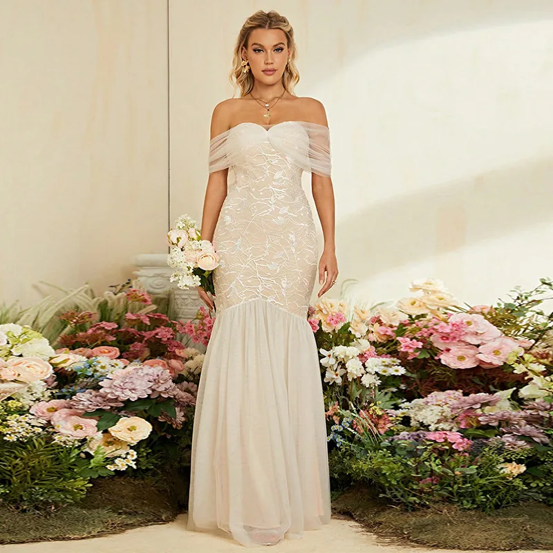 원 숄더 라이트 웨딩 드레스, 프렌치 레이스 피쉬테일 야외 베일, 단순한 기질, 숲 스타일 슈퍼 요정 환영