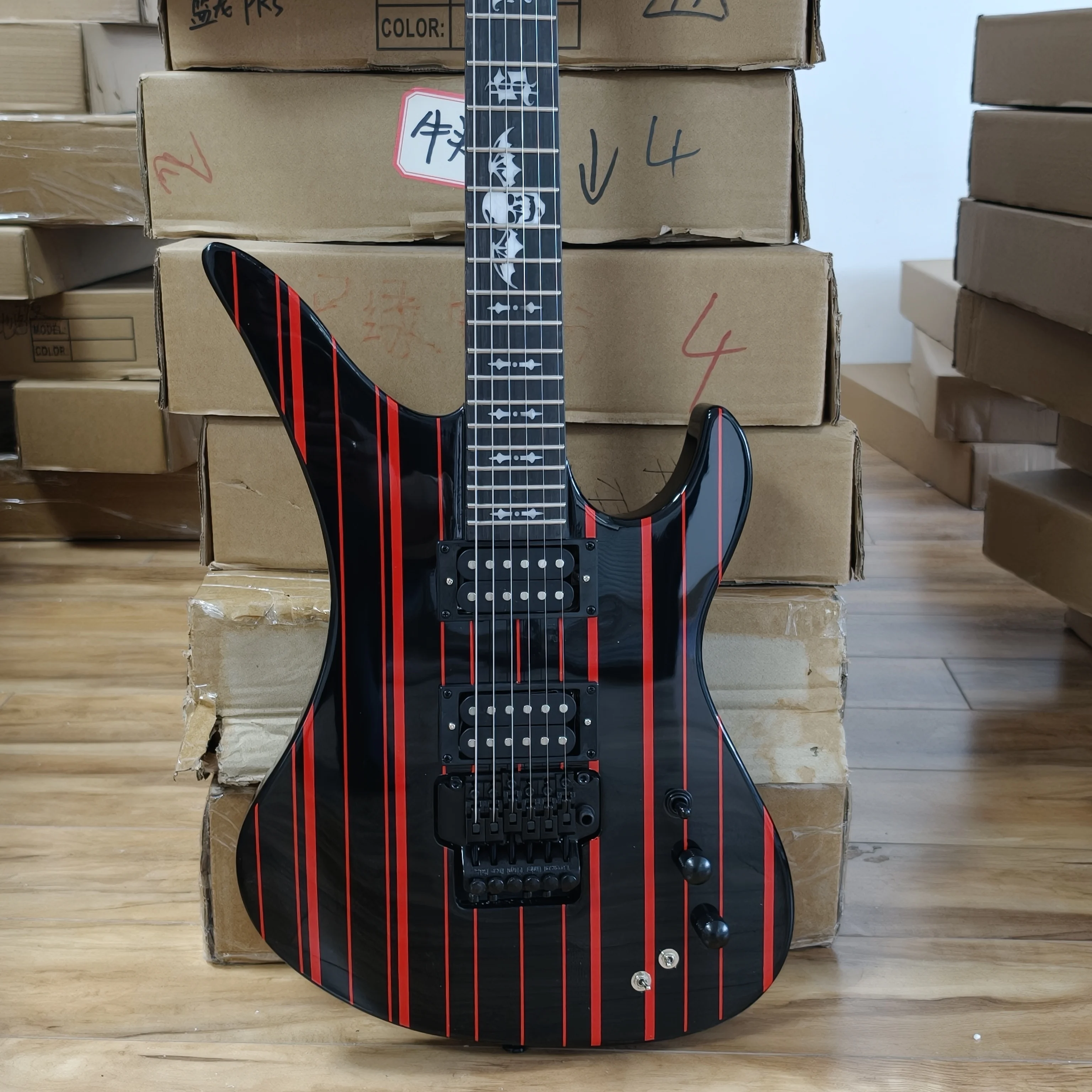 US Warehouse A7X Electric Guitar Black Red Striped Finish Floyd6 String 24 Frets Death Bat Inlay Heavy Metal Guitar