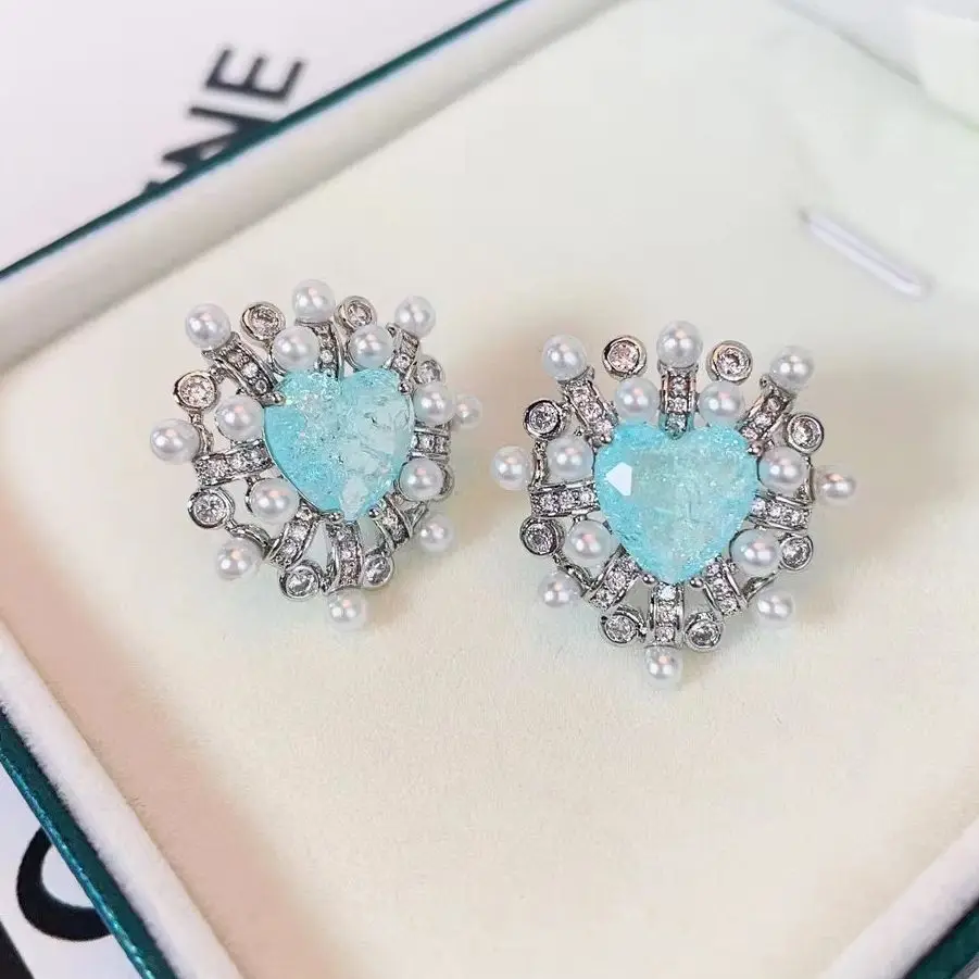 SENYU Fashion Heart Design Pearl Stud Earrings Paved Cubic Zirconia Luxury Lady`s Party Jewelry Sweet Fit Ears Pearl Studs