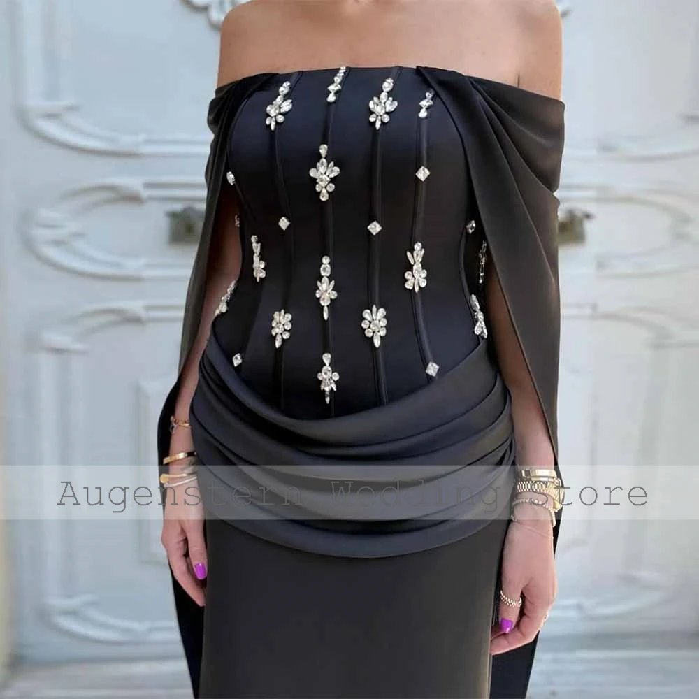Class Wedding Mom Dresses Satin Sheath/Column Engagement Dresses Black Off-the-shoulder Rhinestones Cloak Bridal Dress Long 2026