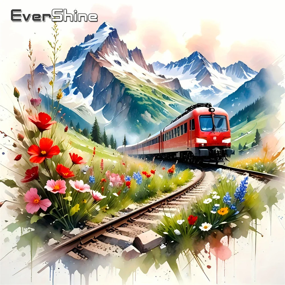 EverShine Diamant-Mosaik Schneeberglandschaft Vollquadrat-Gemälde Gänseblümchen-Strass-Bild Mosaik-Zug Heimdekoration
