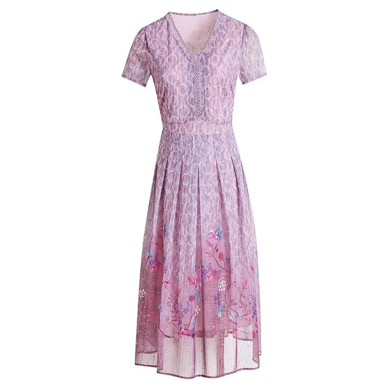 Elegant Floral Print Office Lady Dress Summer V neck Long Dress Short Sleeve Women Party Dresses