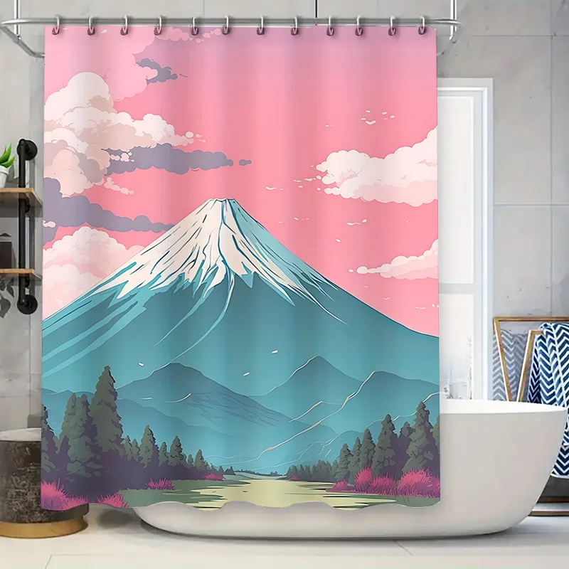 

Элегантная японская горная занавеска для душа Fuji ‌ Дизайн розового неба с облаками для декора ванной комнаты, водонепроницаемые тканевые крючки в комплекте