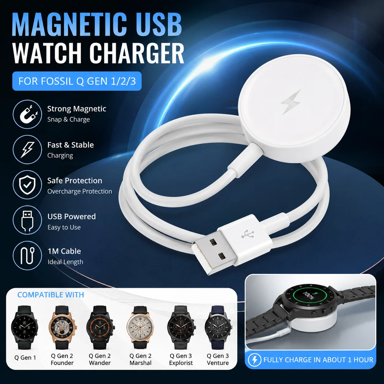 

Smart Watch Fast Charging Stand Dock Cable For Fossil Q Gen1 Gen2 Founder/Wander/Marshal Gen 3 Explorist/Venture Watch Accessory