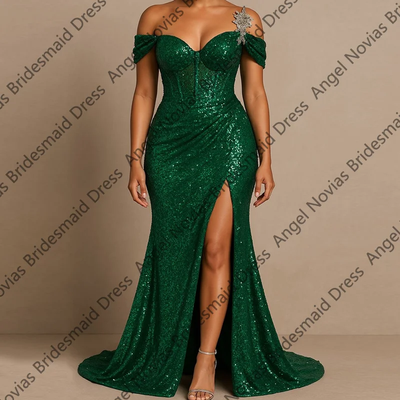 

Off Shoulder Customized Green Sequins Bridesmaid Dresses with Split Evening Prom Party Gowns vestido de madrinha de casamento