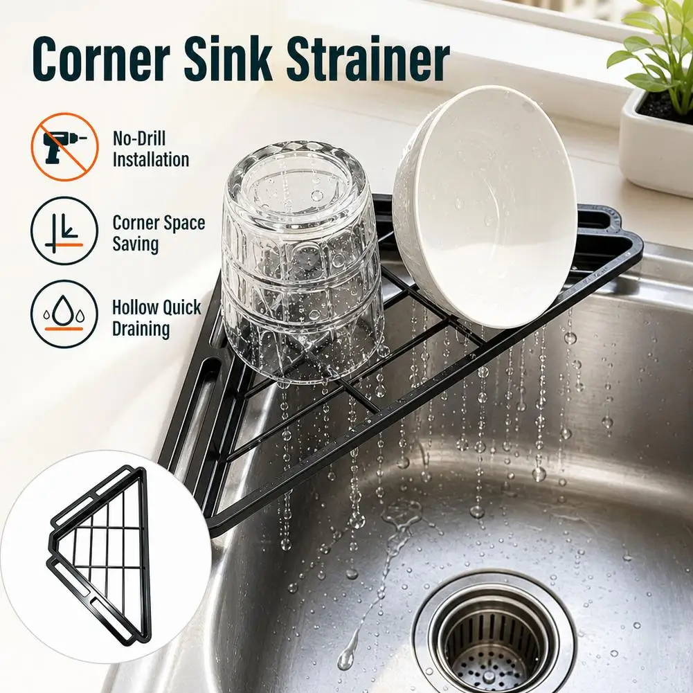 Kitchen Triangular Draining Rack Anti-rust Punch-free Sponge Drying Rack Hollowed Quick Water Drainage Sink Storage Holder
