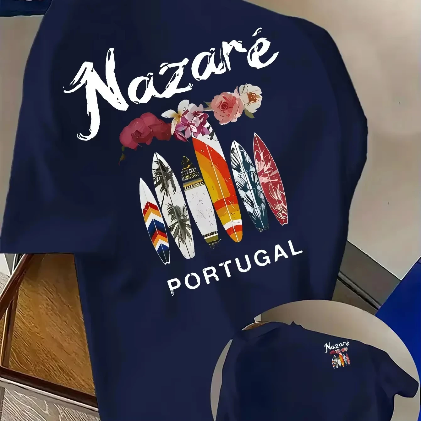 Portugal Nazaré Surfboard Pattern Cotton Men's Printed T-Shirt Casual Beach Sports Crew Neck T-Shirt Men's and Women's T Shirt