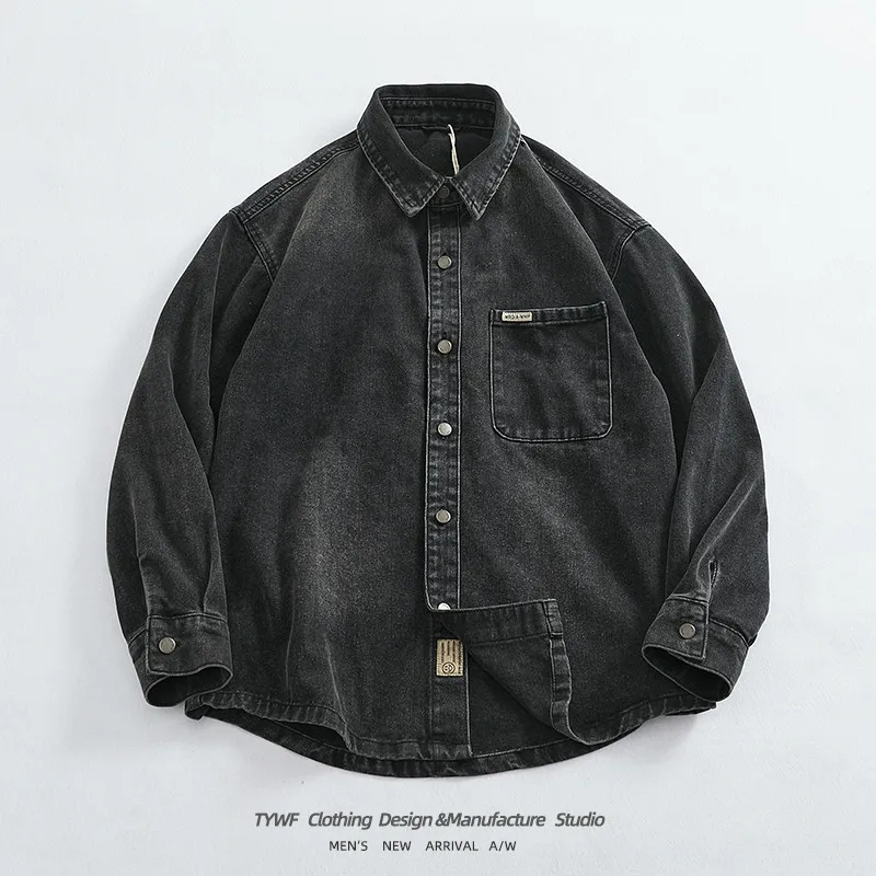 Spring Autumn Fashion Long Sleeve Denim Shirt Jacket Menswear Top Vintage Washed Black Gray Shirt Harajuku Casual Men'S Clothing