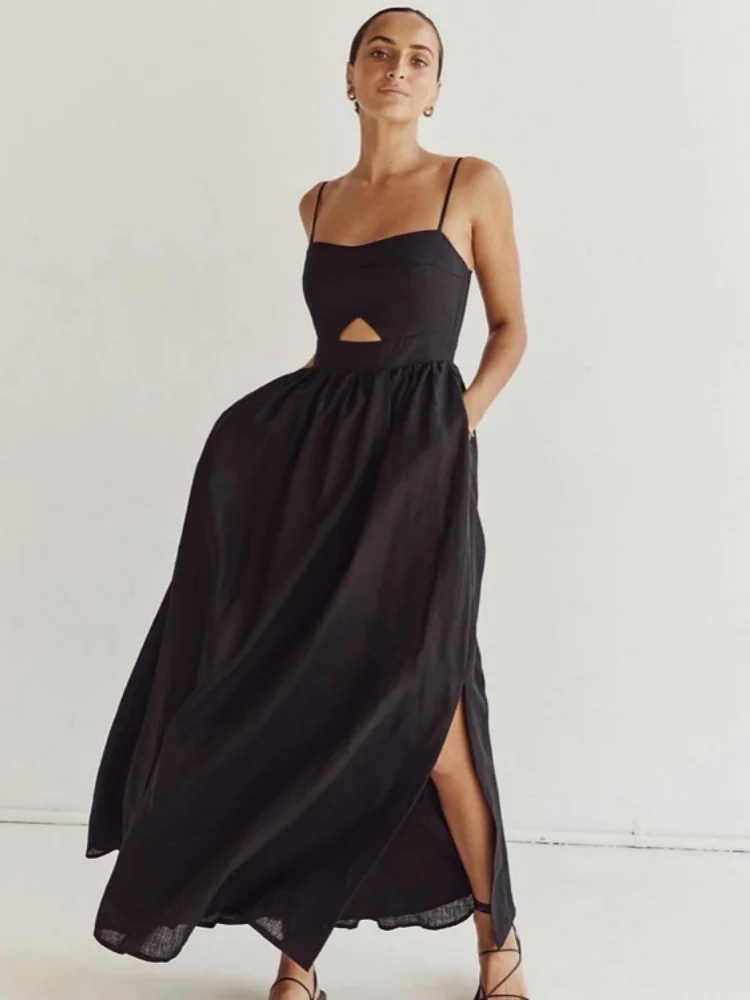 

French Sling Dress Summer Beach Vacation Clothes 2024 Black Sexy Hollow Backless High Waist Slim A-Line Long Dresses Women