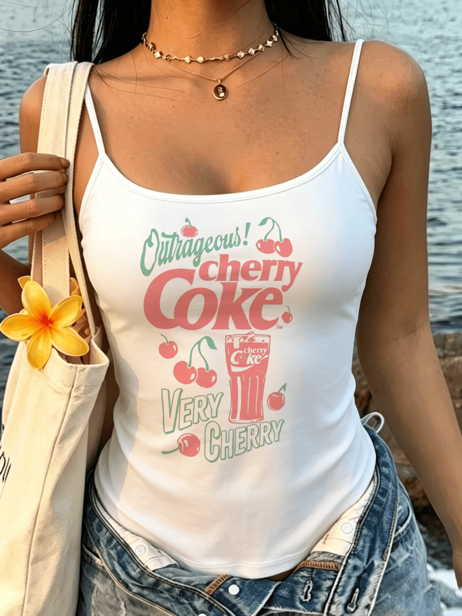 Retro Soda Aesthetic Women Spaghetti Strap Camisole Outrageous Cherry Coke Fruit Print Slim Sleeveless Summer Daily Tank Vest
