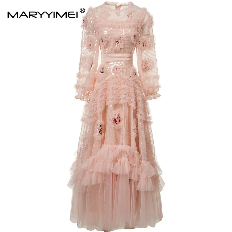 

MARYYIMEI Fashion design Women's Ball Gown Long Dress Lantern Sleeved Flounced Edge Sequins Elegant Princess S-4XL Dresses