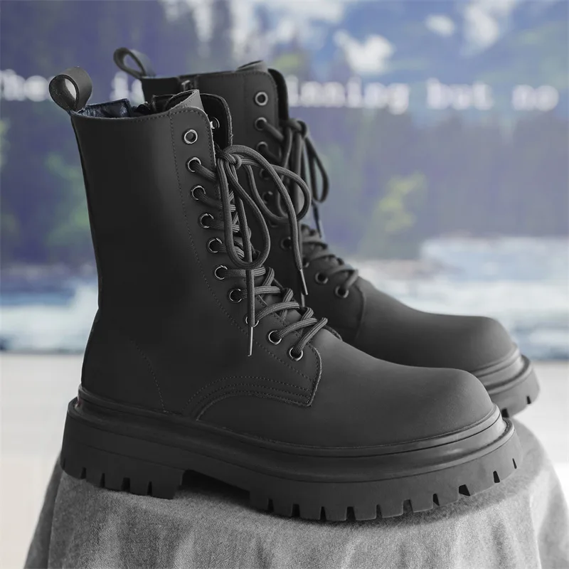 

Мужские модные ботинки на платформе для сцены, ночного клуба, обувь из натуральной кожи на шнуровке, ковбойские высокие ботинки, красивые длинные мотоциклетные ботинки hombre