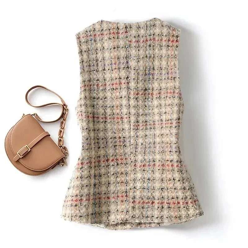 Blazer Vests For Woman 2024 Vintage V-Neck Single Breasted Slit Jackets Coat Beige Sleeveless Commute Waistcoat Summer Tops