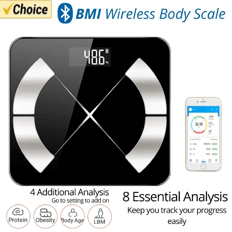 BMI Bluetooth Fat Scale Smart Digital Bathroom Weight Wireless Weight Scale USB Rechargeable Smartphone APP