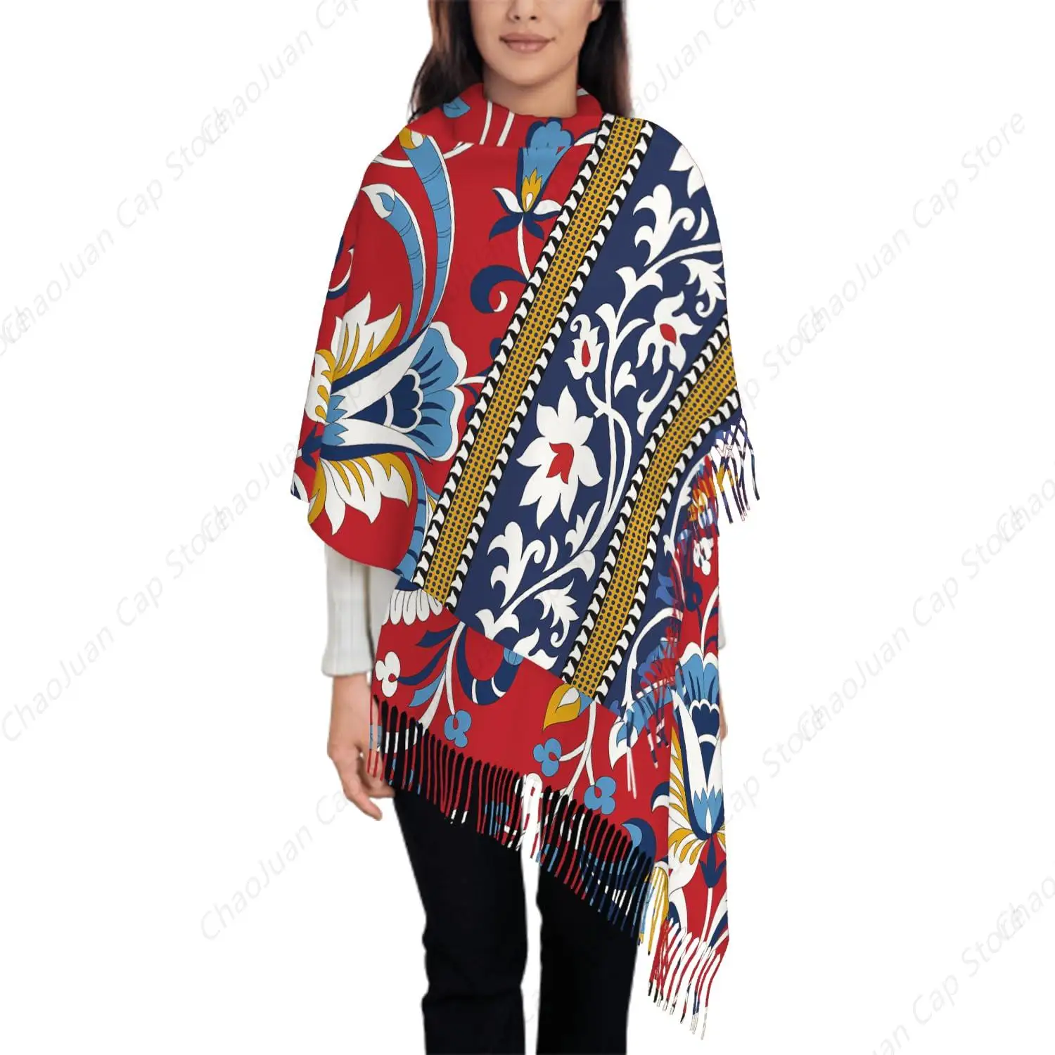 

Oversize Scarf for Women Border Pattern On Red Ethnic Flowers Scarf Tassel Scarves Fall Winter Shawl Wraps