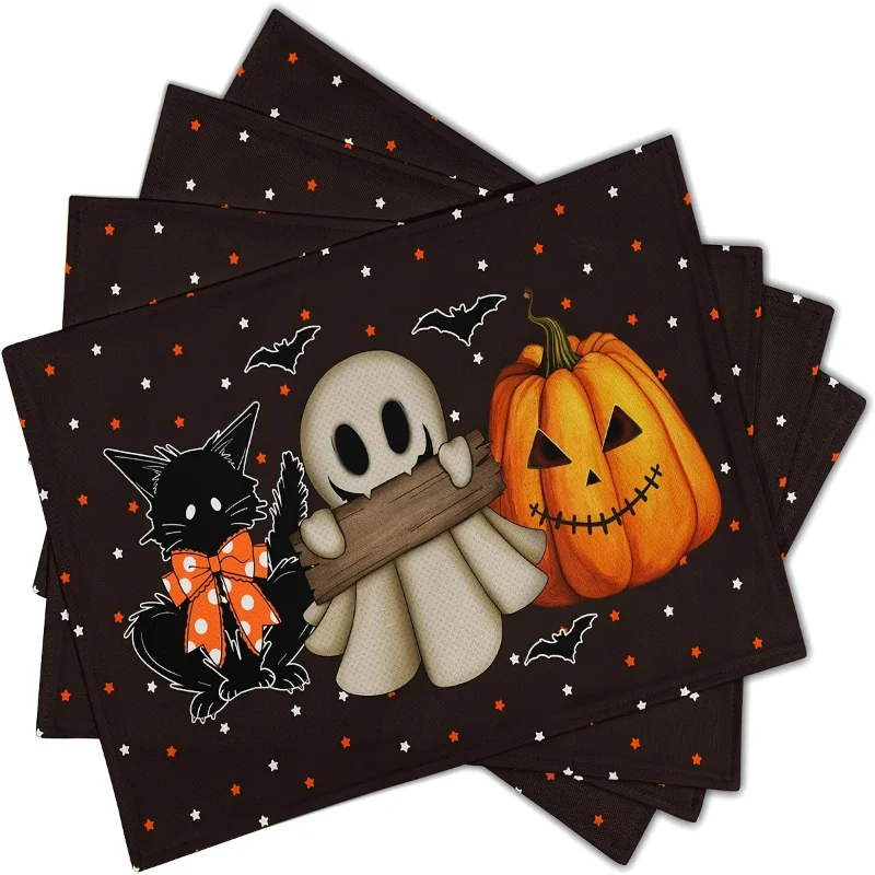 4Pcs Spooky Skeleton Halloween Placemats Heat Resistant Linen Material Table Mats for Holiday Dining Decor Machine Washable