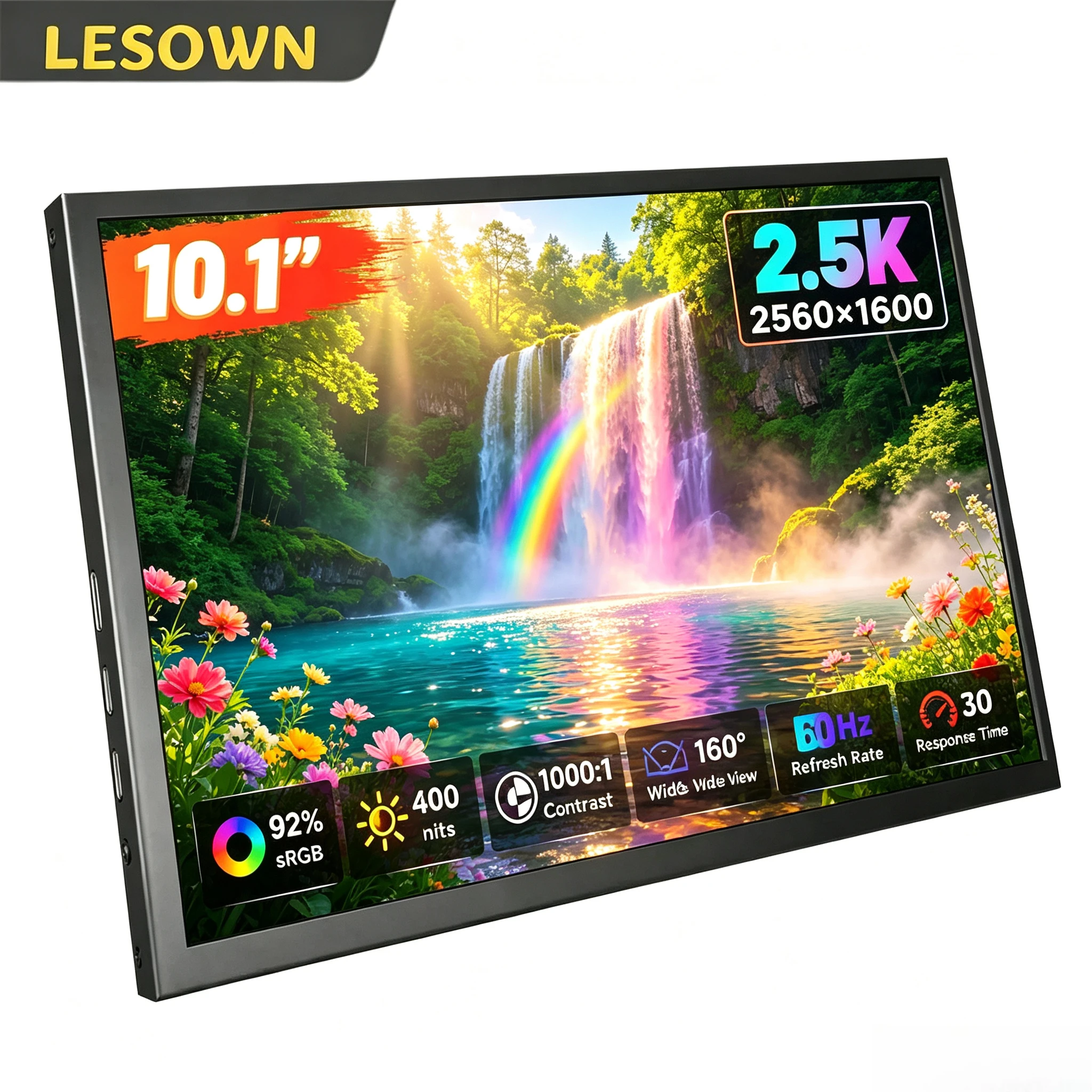 LESOWN 10.1 Inch 2.5K Portable Screen 2560x1600 IPS Panel VESA Mountable External Display for Laptop Workstation