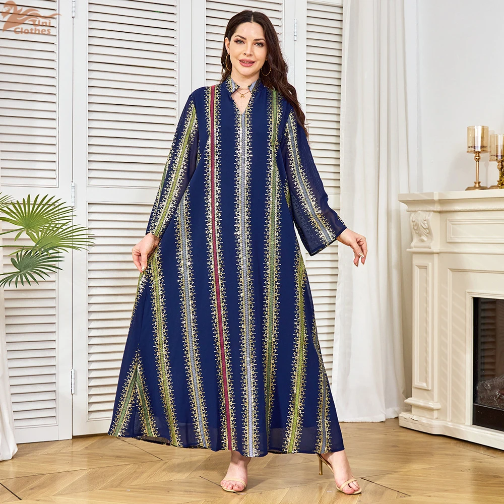 2025 Ramadan Dubai Embroidered Abaya Dress for Women Sequins Stripe Loose Kaftan Muslim Evening Party Wear Moroccan Jalabiya