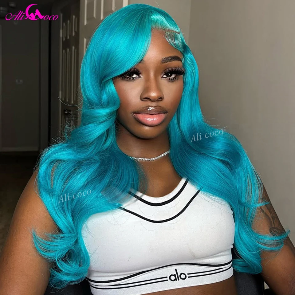 180 الكثافة الأزرق اللون الجسم موجة 13x6 الدانتيل شعر مستعار أمامي البرازيلي شعر الإنسان شعر مستعار شفاف قبل قطعها للنساء