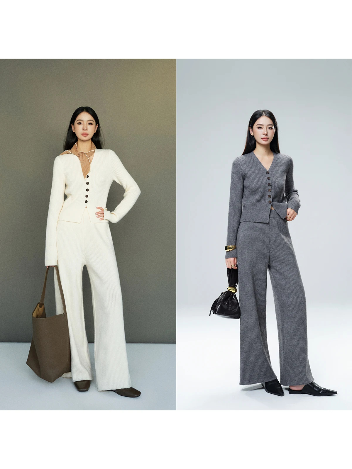 

ZhouMiao High Waist Wide Leg Pants Women's Knitted Sweater Polar Fce Slim Fit Autumn Winter Set Commute Sle V-Ne Long ...