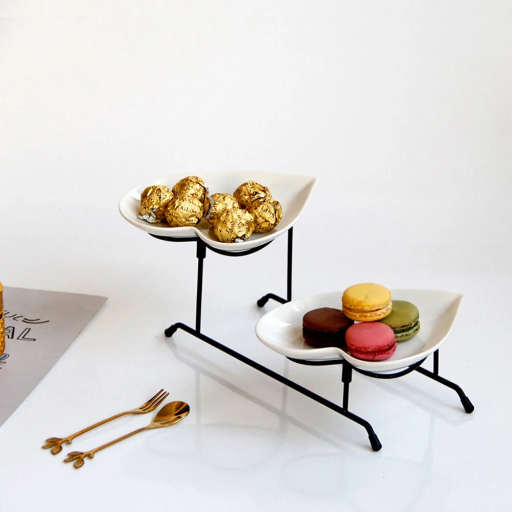 

1Set Heart Shaped Ceramic Fruit Plate 2 Tier Dessert Tray Iron Rack Easy Clean Multi Party Restaurant Cafe