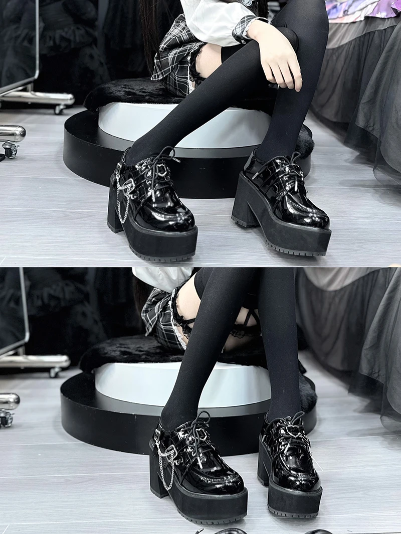 المناجم اليابانية نمط الإنتاج الضخم الشرير سميكة سوليد المتسكعون الدانتيل متابعة سلسلة أنيقة تنوعا لوليتا أحذية حذاء نسائي بكعب عالٍ مضخات #6