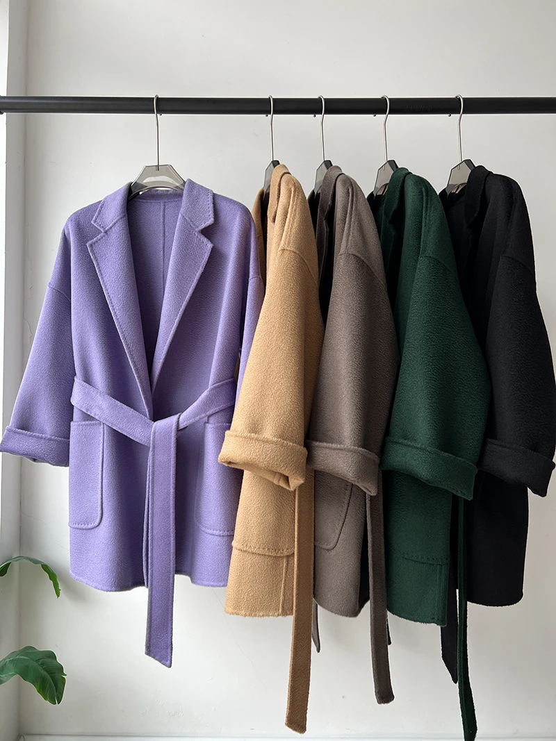 RosEvans Winter Cashmere Coat Women Mid-length Wool Coat Jackets Water Ripples New Autumn 20% Cashmere Camel Coat Commuting