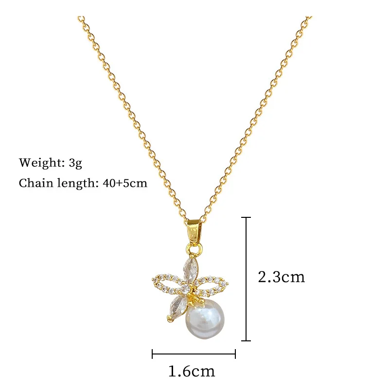 XIYANIKE Romantic Flower Rhinestones Pearl Pendant Necklaces Earrings Jewelry Set For Women Stainless Steel Chain Wedding Gift